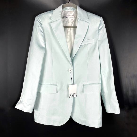Zara Blazer Light Blue‎ Straight Cut 2-Button Jacket Linen Blend Sz XS Women - Picture 6 of 14